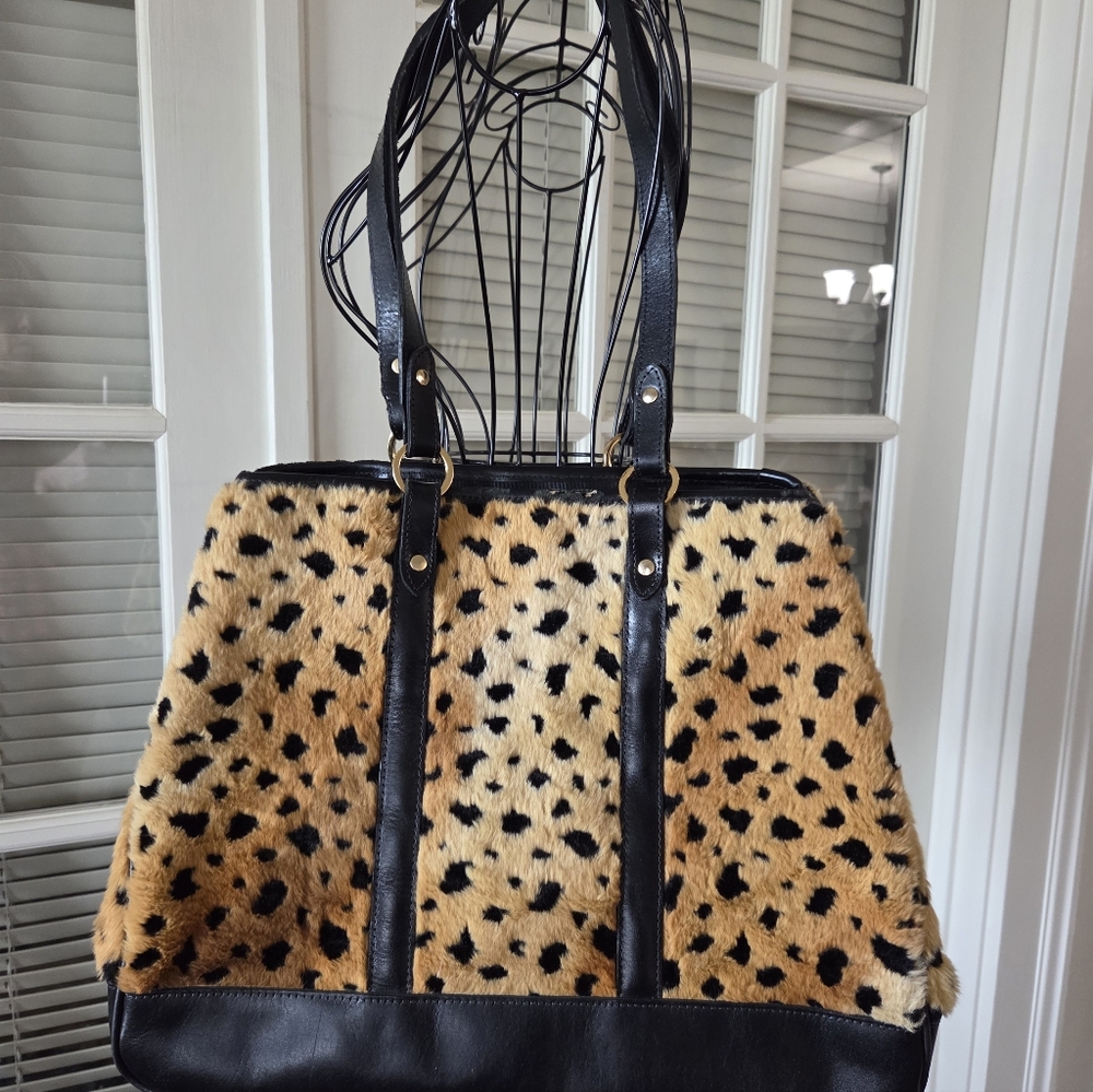 Glenda Gies Leopard Print Tote Bag with Black Leather Accents